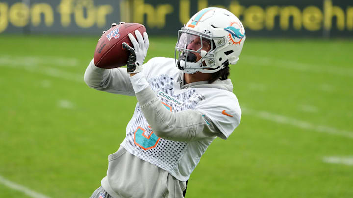 Miami Dolphins wide receiver Robbie Chosen (3) catches the ball during practice at the PSD Bank Arena in Germany last season.