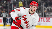 Feb 25, 2025; Montreal, Quebec, CAN; Carolina Hurricanes right wing Mikko Rantanen (96) looks on against the Montreal Canadiens in the third period at Bell Centre. Mandatory Credit: David Kirouac-Imagn Images