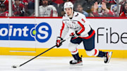 Apr 27, 2025; Montreal, Quebec, CAN; Washington Capitals right wing Ryan Leonard (9) plays the puck against the Montreal Canadiens during the second period in game four of the first round of the 2025 Stanley Cup Playoffs at Bell Centre. Mandatory Credit: David Kirouac-Imagn Images