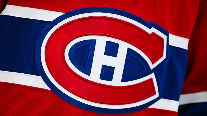 Feb 26, 2026; Montreal, Quebec, CAN; View of a Montreal Canadiens logo on a jersey worn by a member of the team  during the second period at Bell Centre. Mandatory Credit: David Kirouac-Imagn Images