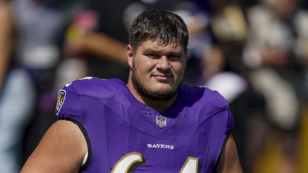 Sep 14, 2025; Baltimore, Maryland, USA; Baltimore Ravens center Tyler Linderbaum (64) before the game against the Cleveland Browns at M&T Bank Stadium. Mandatory Credit: Mitch Stringer-Imagn Images