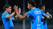Luka Romero y Ángel Sepúlveda celebran tras anotarle al Seattle Sounders en Ciudad Universitaria