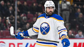 Dec 17, 2024; Montreal, Quebec, CAN; Buffalo Sabres right wing Alex Tuch (89) looks on against the Montreal Canadiens during the first period at Bell Centre. Mandatory Credit: David Kirouac-Imagn Images