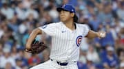 Aug 1, 2024; Chicago, Illinois, USA; Chicago Cubs starting pitcher Shota Imanaga delivers a pitch.