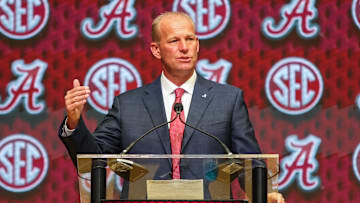 Jul 16, 2025; Atlanta, GA, USA; University of Alabama head coach Kalen Deboer talks to the media during the SEC Media Days at Omni Atlanta Hotel. 