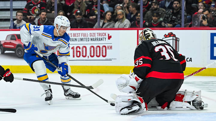 Dec 6, 2025; Ottawa, Ontario, CAN; St. Louis Blues left wing Dylan Holloway (81) shoots on Ottawa Senators goalie Linus Ullmark (35) during the second period at Canadian Tire Centre. Mandatory Credit: David Kirouac-Imagn Images