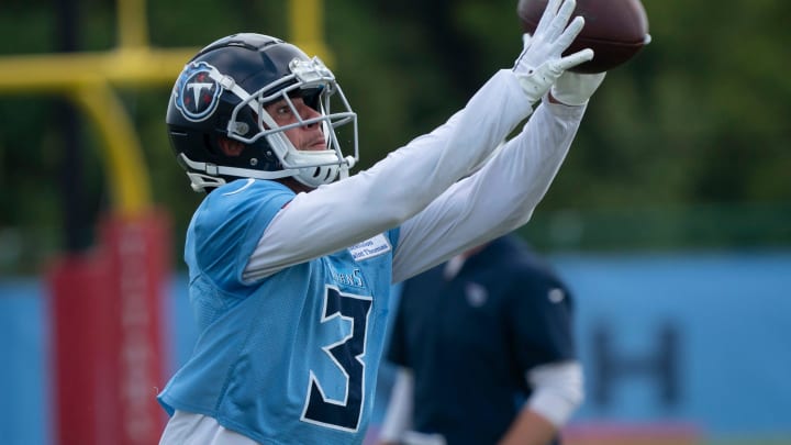 Tennessee Titans cornerback Caleb Farley (3) pulls in a catch during practice at Ascension Saint Thomas Sports Park Friday, Sept. 16, 2022, in Nashville, Tenn.

Nas 0916 Titans 009