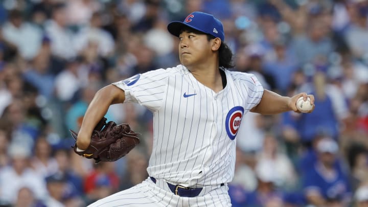 Aug 1, 2024; Chicago, Illinois, USA; Chicago Cubs starting pitcher Shota Imanaga delivers a pitch.