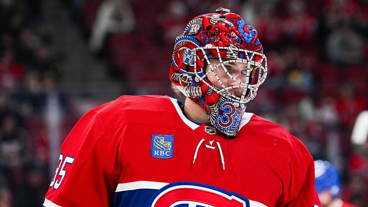 Feb 26, 2026; Montreal, Quebec, CAN; Montreal Canadiens goalie Samuel Montembeault (35) looks on during warm-up before the game against the New York Islanders at Bell Centre. Mandatory Credit: David Kirouac-Imagn Images