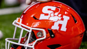 Dec 19, 2024; New Orleans, LA, USA;  Dtailed view of a Sam Houston State Bearkats helmet against the Georgia Southern Eagles during the first half at Caesars Superdome. Mandatory Credit: Stephen Lew-Imagn Images