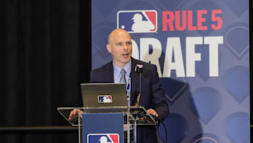 Dec 10, 2025; Orlando, FL, USA; MLB vice president of baseball operations Jeff Pfeifer leads the Rule 5 Draft during the 2025 MLB Winter Meetings at Signia by Hilton Hotel. Mandatory Credit: Mike Watters-Imagn Images