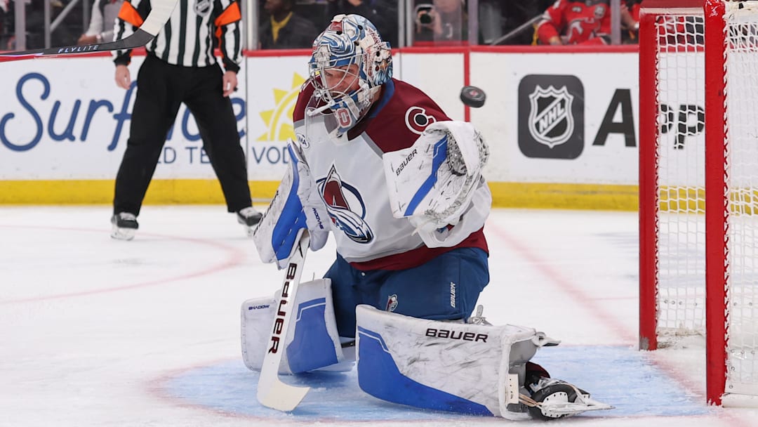 Oct 26, 2025; Newark, New Jersey, USA; Colorado Avalanche goaltender Trent Miner (50) defends his net against the New Jersey Devils during the second period at Prudential Center. Mandatory Credit: Ed Mulholland-Imagn Images
