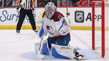 Oct 26, 2025; Newark, New Jersey, USA; Colorado Avalanche goaltender Trent Miner (50) defends his net against the New Jersey Devils during the second period at Prudential Center. Mandatory Credit: Ed Mulholland-Imagn Images