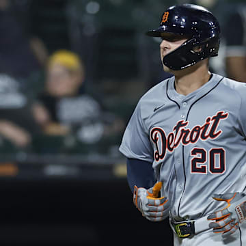 Aug 26, 2024; Chicago, Illinois, USA; Detroit Tigers first baseman Spencer Torkelson (20) rounds the bases after hitting a three-run home run against the Chicago White Sox during the seventh inning at Guaranteed Rate Field