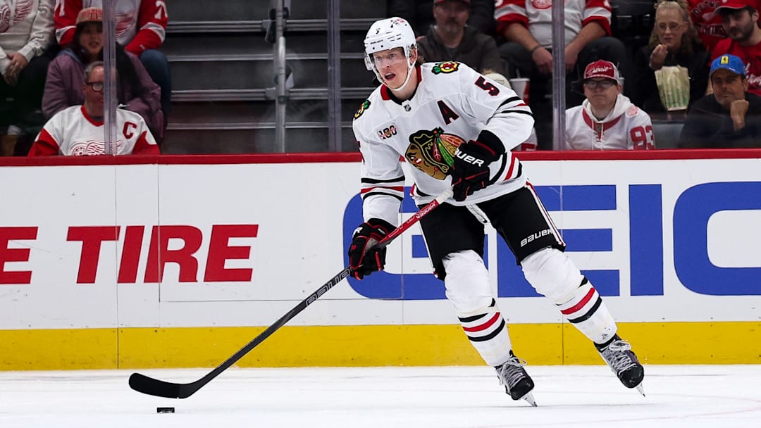 Chicago Blackhawks' defenseman Connor Murphy skates with the puck.