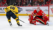 Feb 12, 2025; Montreal, Quebec, CAN; [Imagn Images direct customers only] Team Canada goalie Jordan Binnington (50) makes a save against Team Sweden forward William Nylander (88) in overtime during a 4 Nations Face-Off ice hockey game at Bell Centre. Mandatory Credit: David Kirouac-Imagn Images