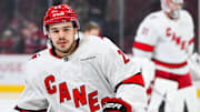 Carolina Hurricanes center Logan Stankoven looks on in warm-up before the game against the Montreal Canadiens.