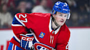 Oct 4, 2025; Montreal, Quebec, CAN; Montreal Canadiens left wing Samuel Blais (27) waits for a face-off against the Ottawa Senators during the second period at Bell Centre. Mandatory Credit: David Kirouac-Imagn Images