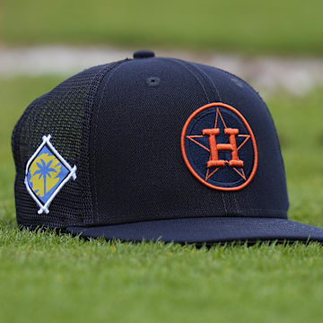 Mar 15, 2022; West Palm Beach, FL, USA; A general view of a Houston Astros cap on the field during spring training work outs at The Ballpark of the Palm Beaches.