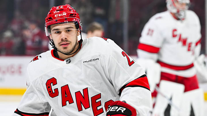 Carolina Hurricanes center Logan Stankoven looks on in warm-up before the game against the Montreal Canadiens.