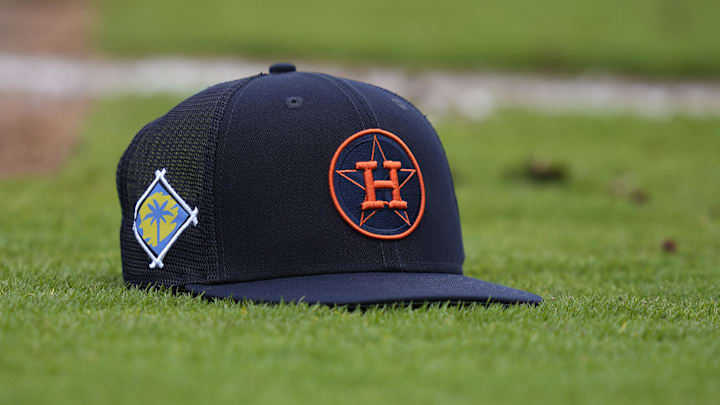 Mar 15, 2022; West Palm Beach, FL, USA; A general view of a Houston Astros cap on the field during spring training work outs at The Ballpark of the Palm Beaches.