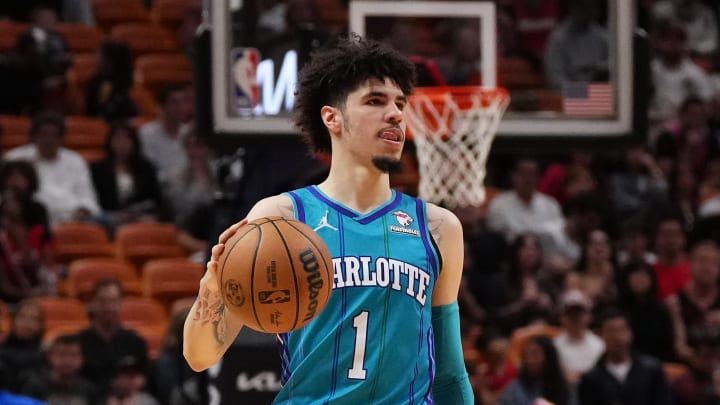 Jan 14, 2024; Miami, Florida, USA; Charlotte Hornets guard LaMelo Ball (1) dribbles the ball up the court against the Miami Heat during the first half at Kaseya Center. Mandatory Credit: Jasen Vinlove-USA TODAY Sports