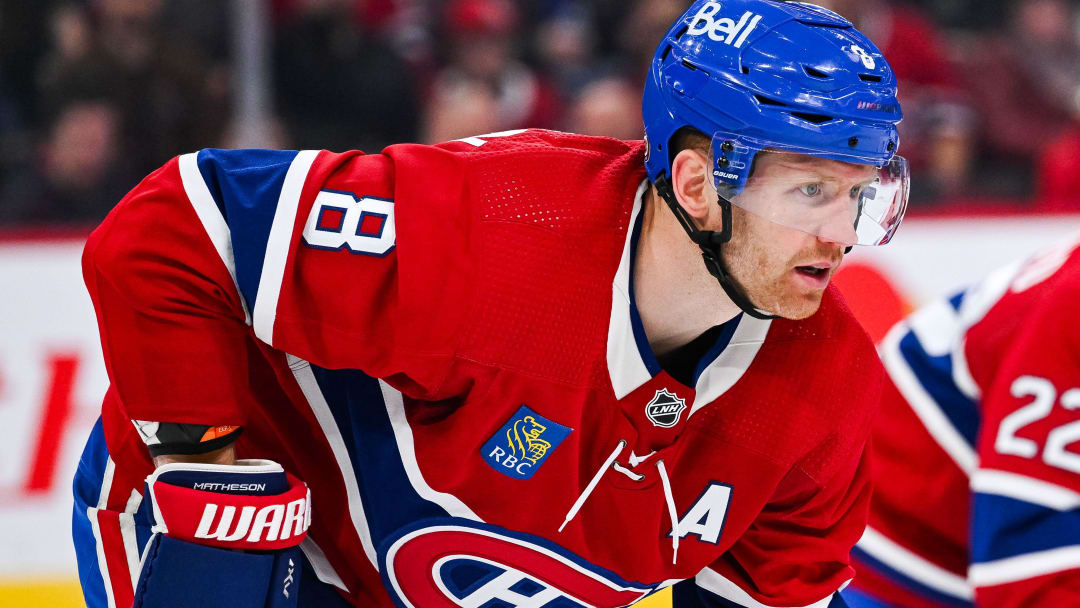 Mar 28, 2024; Montreal, Quebec, CAN; Montreal Canadiens defenseman Mike Matheson (8) waits for a face-off against the Philadelphia Flyers during the third period at Bell Centre. Mandatory Credit: David Kirouac-USA TODAY Sports