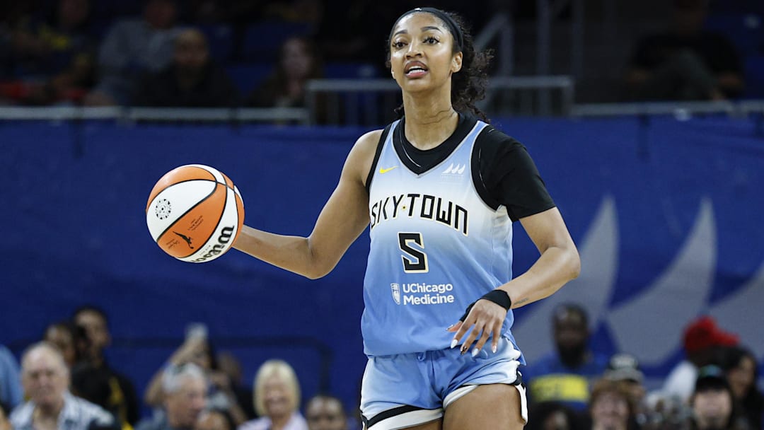 Sep 3, 2025; Chicago, Illinois, USA; Chicago Sky forward Angel Reese (5) brings the ball up court against the Connecticut Sun during the second half at Wintrust Arena. Mandatory Credit: Kamil Krzaczynski-Imagn Images