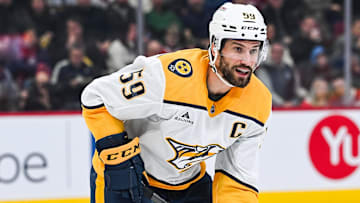 Dec 5, 2024; Montreal, Quebec, CAN; Nashville Predators defenseman Roman Josi (59) waits for a face-off against the Montreal Canadiens during the second period at Bell Centre. Mandatory Credit: David Kirouac-Imagn Images