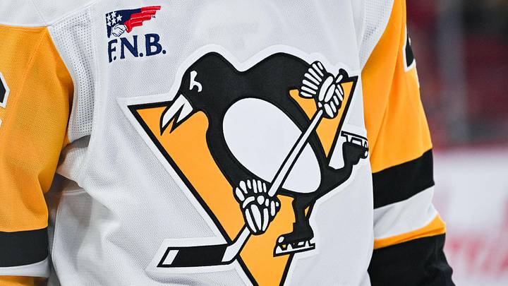 Dec 12, 2024; Montreal, Quebec, CAN; View of a Pittsburgh Penguins logo on a jersey worn by a member of the team during the second period at Bell Centre. Dec 12, 2024; Montreal, Quebec, CAN; View of a Pittsburgh Penguins logo on a jersey worn by a member of the team during the second period at Bell Centre.