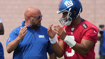 East Rutherford, NJ -- June 5, 2025 -- Quarterback, Russell Wilson and Coach Brian Daboll as the New York Giants players participate in their 2025 OTAÕs at the Quest Diagnostic Giants Training Center in East Rutherford.