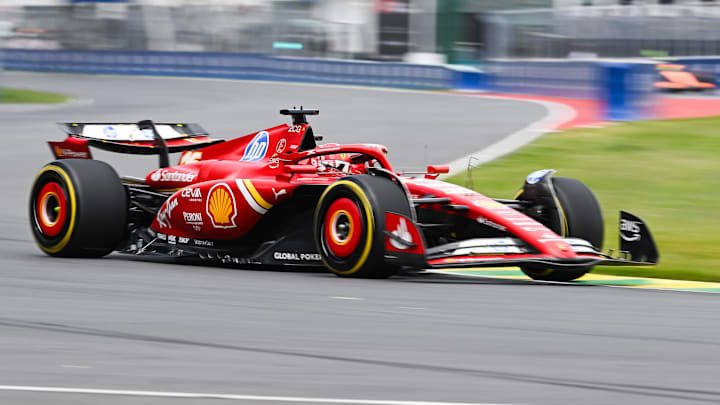 Jun 8, 2024; Montreal, Quebec, CAN; Ferrari driver Charles Leclerc (MCO) races during FP3 practice session of the Canadian Grand Prix at Circuit Gilles Villeneuve. Mandatory Credit: David Kirouac-Imagn Images