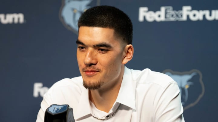 Zach Edey, a first-round draft pick for the Grizzlies, answers a question during a press conference to introduce the team’s 2024 NBA Draft picks at FedExForum on Friday, June 28, 2024.