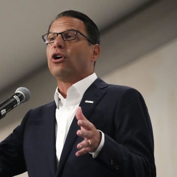 Aug 20, 2024; Chicago, IL, USA; Pennsylvania Governor Josh Shapiro speaks to a crowd at a delegate breakfast during the second day of the Democratic National Convention in Chicago. Mandatory Credit: Megan Smith-USA TODAY