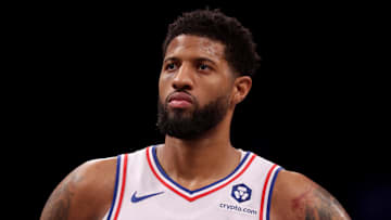 Feb 12, 2025; Brooklyn, New York, USA; Philadelphia 76ers forward Paul George (8) reacts during the fourth quarter against the Brooklyn Nets at Barclays Center. Mandatory Credit: Brad Penner-Imagn Images