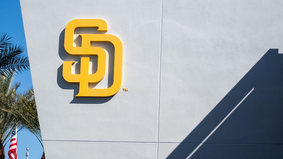 Feb 18, 2024; Peoria, AZ, USA; A general view of the San Diego Padres logo and clubhouse during a workout day at Peoria Sports Complex. Mandatory Credit: Allan Henry-Imagn Images