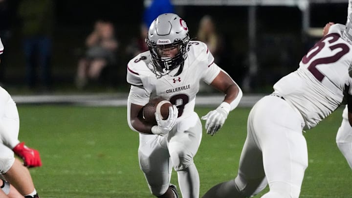 Collierville’s John Hampton (3) runs with the ball during the game between Collierville High School and Houston High School in Germantown, Tenn., on Friday, November 1, 2024. Collierville’s John Hampton (3) runs with the ball during the game between Collierville High School and Houston High School in Germantown, Tenn., on Friday, November 1, 2024.