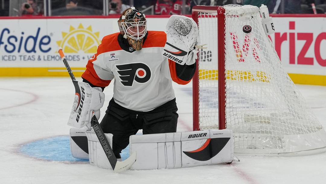 Oct 1, 2026; Newark, New Jersey, USA;  Philadelphia Flyers goaltender Joseph Woll (53) defends his net against the New Jersey Devils during the second period at Prudential Center. 