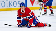 Dec 12, 2024; Montreal, Quebec, CAN; Montreal Canadiens right wing Patrik Laine (92) stretches during warm-up before the game against the Pittsburgh Penguins at Bell Centre. Mandatory Credit: David Kirouac-Imagn Images