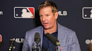 Dec 8, 2025; Orlando, FL, USA; Miami Marlins manager Clayton McCullough speaks with the media during the 2025 MLB Winter Meetings at Signia by Hilton Hotel. 