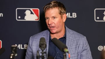 Dec 8, 2025; Orlando, FL, USA; Miami Marlins manager Clayton McCullough speaks with the media during the 2025 MLB Winter Meetings at Signia by Hilton Hotel. 