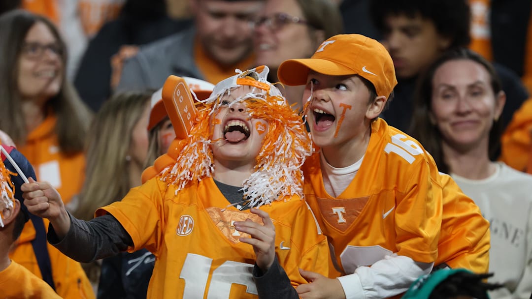 Nov 15, 2025; Knoxville, Tennessee, USA;  Young Tennessee Volunteers fans during the second half against the New Mexico State Aggies at Neyland Stadium. Mandatory Credit: Randy Sartin-Imagn Images