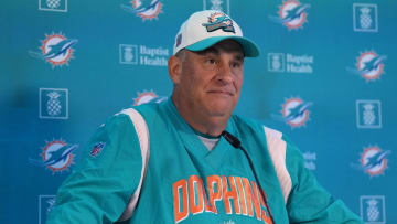 Nov 2, 2023; Frankfurt, Germany; Miami Dolphins defensive coordinator Vic Fangio at press conference at the PSD Bank Arena.