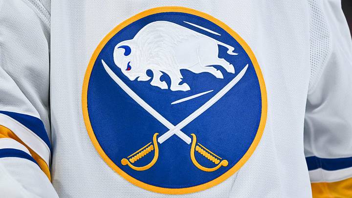 Dec 17, 2024; Montreal, Quebec, CAN; View of a Buffalo Sabres logo on a jersey worn by a member of the team during the second period at Bell Centre. Dec 17, 2024; Montreal, Quebec, CAN; View of a Buffalo Sabres logo on a jersey worn by a member of the team during the second period at Bell Centre.