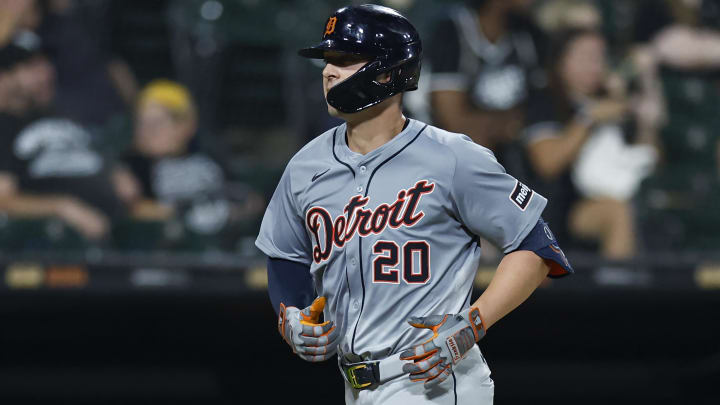 Aug 26, 2024; Chicago, Illinois, USA; Detroit Tigers first baseman Spencer Torkelson (20) rounds the bases after hitting a three-run home run against the Chicago White Sox during the seventh inning at Guaranteed Rate Field.