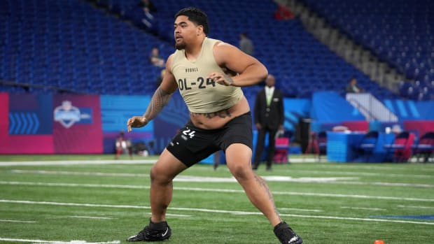 Oregon State offensive tackle Taliese Fuaga during the 2024 NFL Scouting Combine 