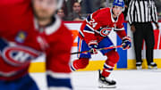 Oct 1, 2024; Montreal, Quebec, CAN; Montreal Canadiens defenseman Logan Mailloux (24) looks towards the play against the Ottawa Senators during the second period at Bell Centre. Mandatory Credit: David Kirouac-Imagn Images