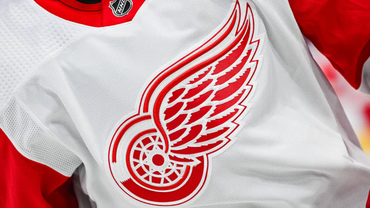 A close-up view of a Detroit Red Wings logo on a jersey worn by a member of the team.