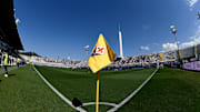 Fiorentina logo printed on the corner kick flag is seen...