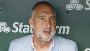 Jul 4, 2025; Chicago, Illinois, USA; St. Louis Cardinals president of baseball operations John Mozeliak speaks before a baseball game against the Chicago Cubs at Wrigley Field. Mandatory Credit: Kamil Krzaczynski-Imagn Images